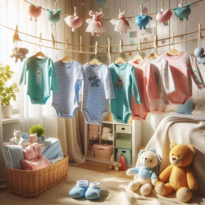 A cozy baby's room featuring a clothesline adorned with tiny garments, creating a warm and inviting atmosphere.