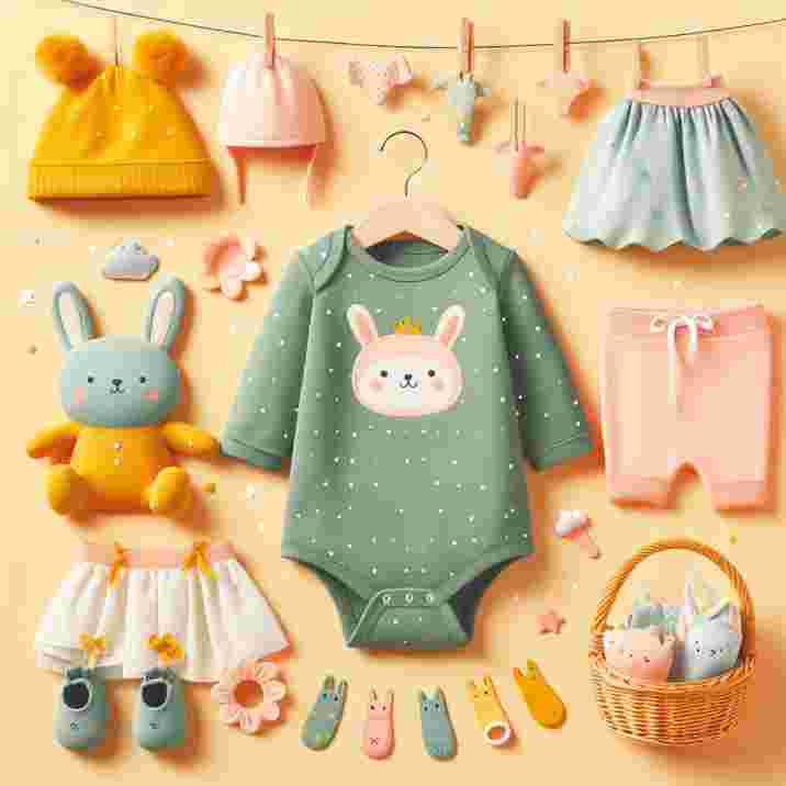 Baby clothes and accessories hanging on a clothesline, showcasing a colorful and cheerful display of infant apparel.