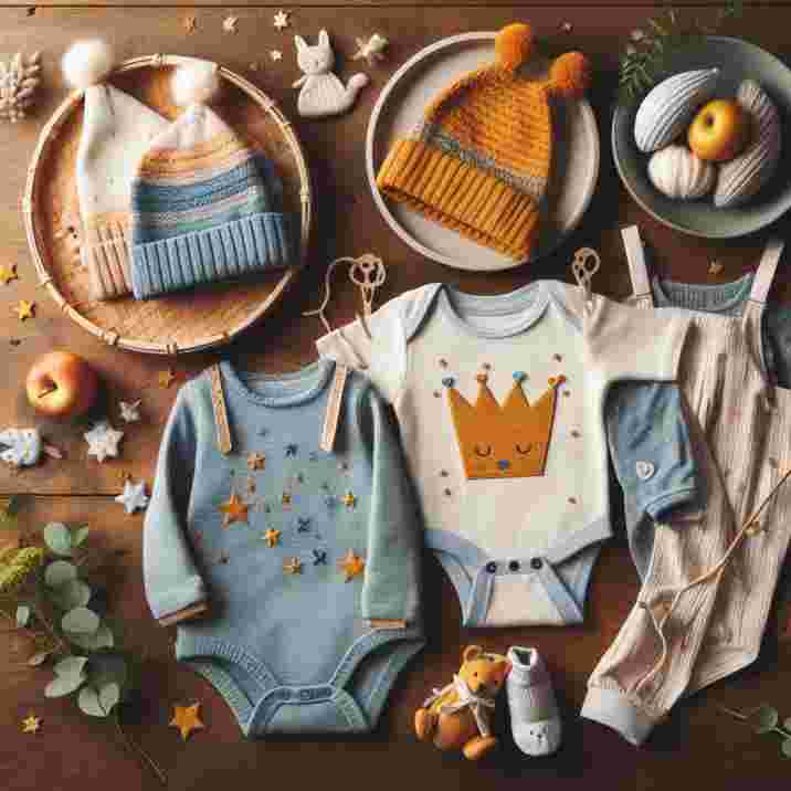 Baby clothes and accessories neatly arranged on a wooden table, showcasing a variety of colors and textures.