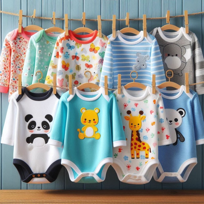 Baby clothes gently swaying on a clothesline, showcasing a variety of tiny garments in soft colors.