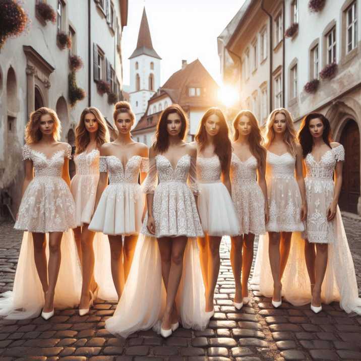 A bride and her bridesmaids pose together in front of a building, showcasing their elegant attire and joyful expressions.